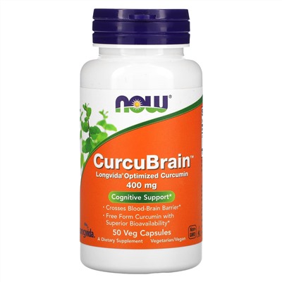 NOW Foods, CurcuBrain, когнитивная поддержка, 400 мг, 50 растительных капсул