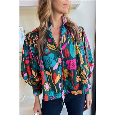 Green Floral Knot Split Neck Puff Sleeve Blouse