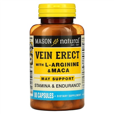 Mason Natural, Vein Erect, с L-аргинином и мака, 80 капсул