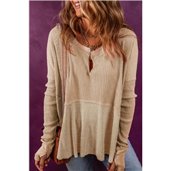 Light French Beige Exposed Seam Slit Neck Waffle Knit Patchwork Top