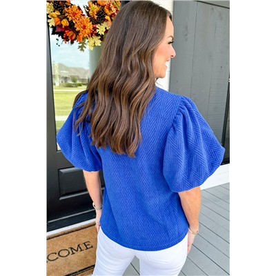 Sky Blue Solid Textured Puff Sleeve Mock Neck Blouse