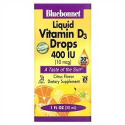 Bluebonnet Nutrition, Жидкий витамин D3 в каплях, натуральный аромат цитрусовых, 400 МЕ, 1 жидк. унц. (30 мл)