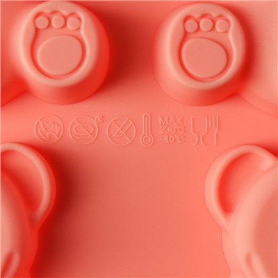 Форма для выпечки Доляна «Животные. Мишка», силикон, 28,5×17 см, 6 ячеек (8,5×7 см), цвет оранжевый