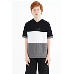 TOMMYLIFE Черная футболка большого размера с карманом-кенгуру и капюшоном для мальчиков — 11150