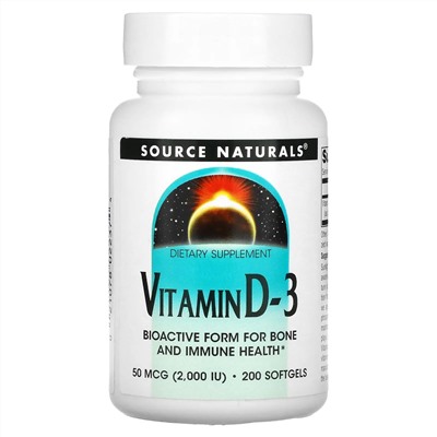 Source Naturals, Витамин D-3, 2000 международных единиц, 200 мягких капсул