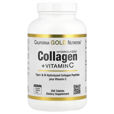 California Gold Nutrition, пептиды гидролизованного коллагена с витамином C, тип 1 и 3, 250 таблеток