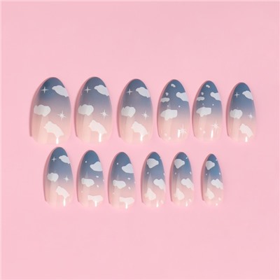 Накладные ногти «Cloud», 12 шт, с клеевыми пластинами, форма миндаль, цвет бежевый/голубой/белый