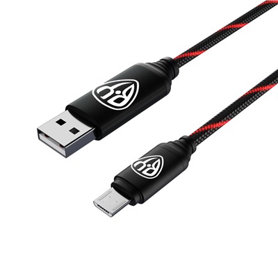 BY Кабель для зарядки Армированный Micro USB, 1м, 3А, Быстрая  зарядка QC3.0, LED подсветка красная