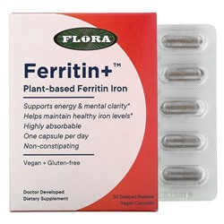 Flora, Ferritin+, ферритин (железо) на растительной основе, 30 веганских капсул с отсроченным высвобождением