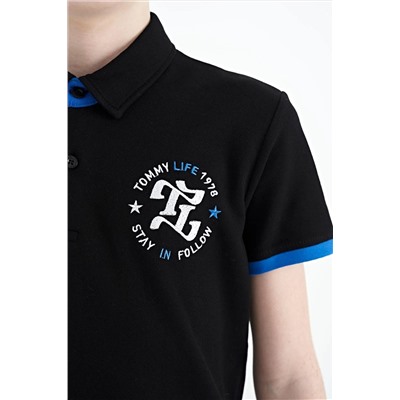 TOMMYLIFE Черная футболка с вышивкой на груди и стандартным узором для мальчиков с воротником-поло - 11086