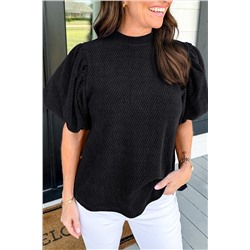 Black Solid Textured Puff Sleeve Mock Neck Blouse