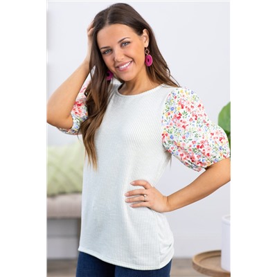 White Contrast Floral Puff Sleeve Ribbed Knit Plus Size Blouse