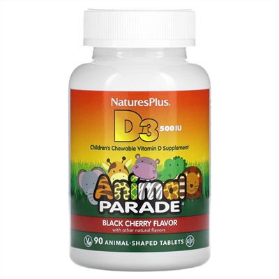 NaturesPlus, Source of Life, Animal Parade, витамин D3, со вкусом натуральной черешни, 500 МЕ, 90 таблеток в форме животных