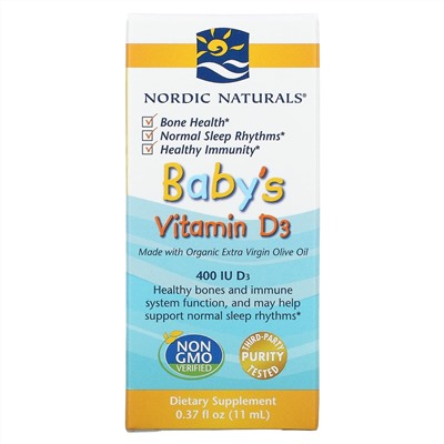 Нордик Натуралс, витамин D3 в каплях, для детей, 400 МЕ, 11 мл (0,37 жидк. унции)