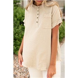 Parchment Crinkle Textured Frayed Trim Half Button Short Sleeve Top