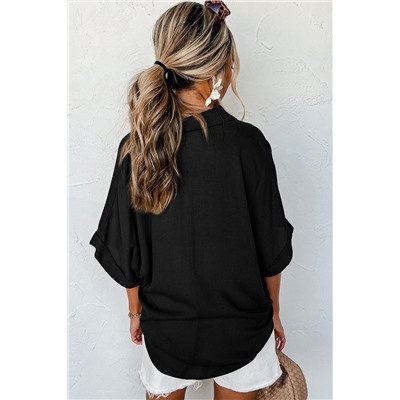 Black Collared Half Buttons Folded Short Sleeve Oversize Top