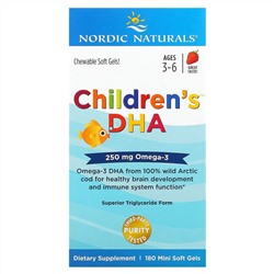 Нордик Натуралс, Children's DHA, ДГК для детей, со вкусом клубники, для детей 3–6 лет, 250 мг, 180 мини-капсул