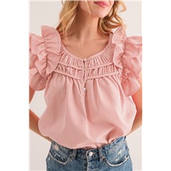 Peach Blossom Shirring Buttoned Neck Ruffle Sleeve Blouse