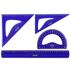 Набор чертежный 4 предмета, большой, (линейка 30 см, 2 треуг, трансп), пластик, цвет синий Flex&resistant Milan 971880
